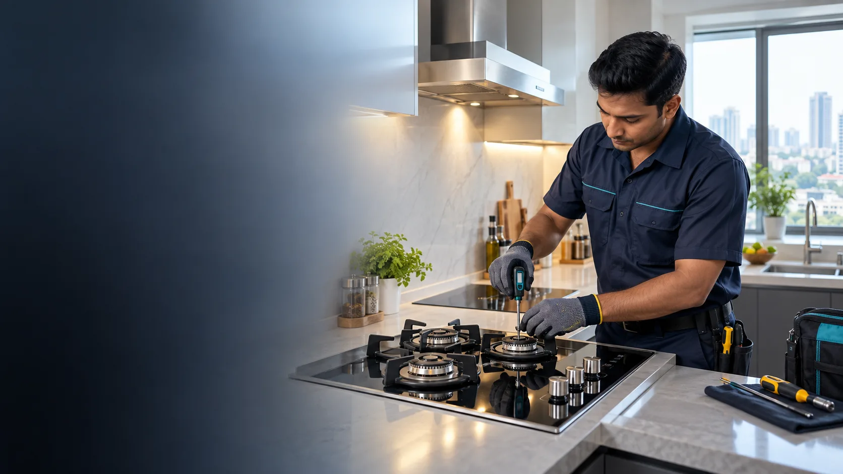 Technician servicing a gas hob in a modern home